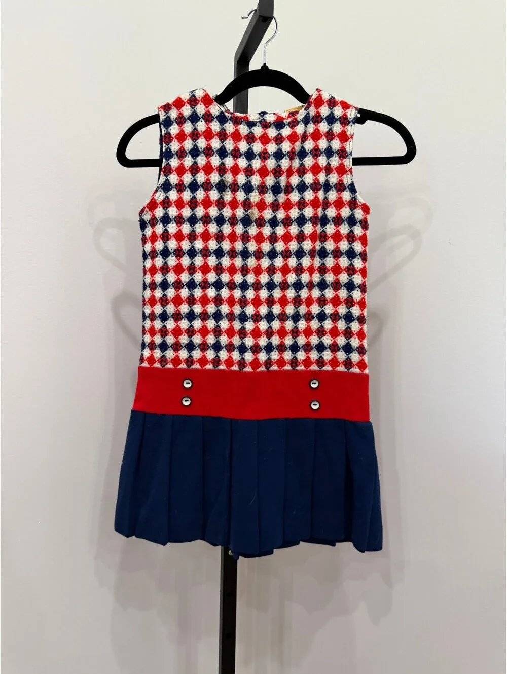 Vintage Playmore Girls Size 8 Sleeveless Pleated Dress Red Navy White